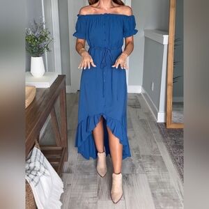 New Chic Blue Off-Shoulder Maxi  Dress Boho Western Wedding Guest Small High-Low